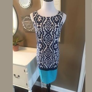 ANNE KLEIN Ikat Dress Navy Blue White Cotton